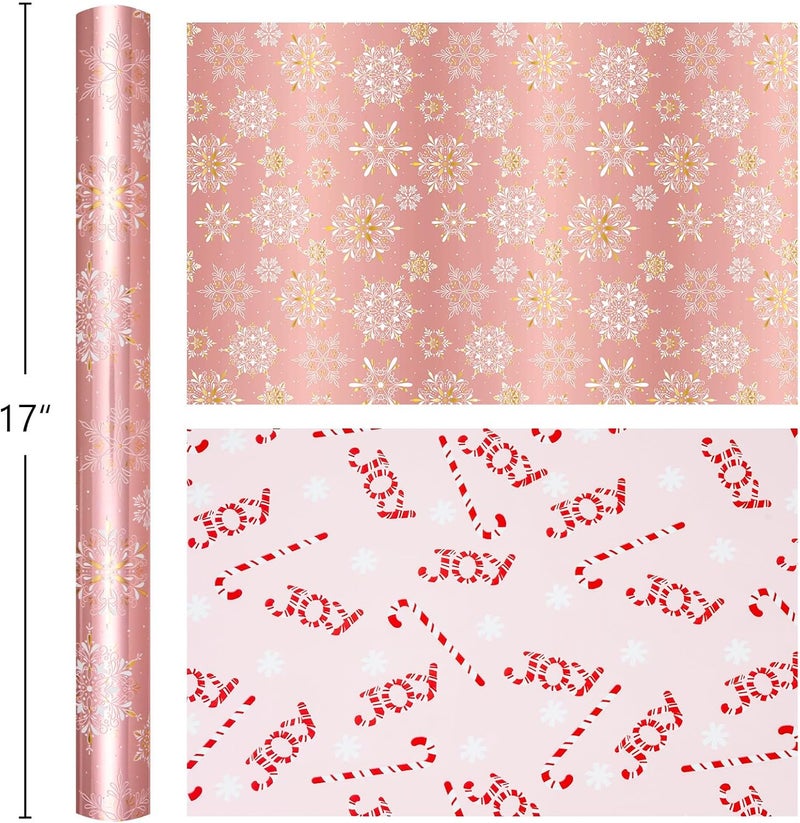 MAYPLUSS Pink Christmas Wrapping Paper Roll - 17IN X 33FT - Gift Wrapping Paper Featuring Gold and White Snowflake Reversible Candy Cane for Kids, Holiday, New Year - Image 5